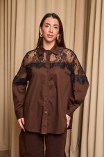 Πουκάμισο με σχέδιο δαντέλα στο πάνω μέρος σκούρο καφέ - Image 3