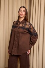 Πουκάμισο με σχέδιο δαντέλα στο πάνω μέρος σκούρο καφέ - Image 5