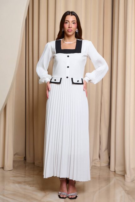 Φόρεμα maxi τύπου Chanel με πιέτες άσπρο