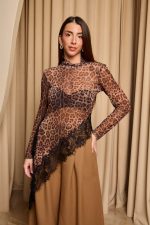 Μπλούζα see-through animal print με μαύρη δαντέλα - Image 2