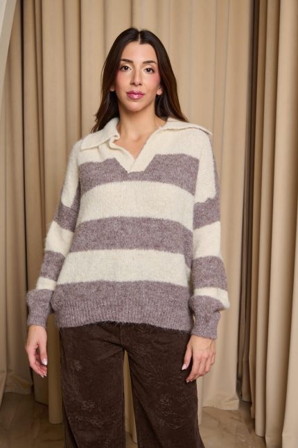 Πουλόβερ με ρίγες εκρού - πούρο