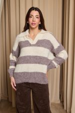 Πουλόβερ με ρίγες εκρού - πούρο - Image 3