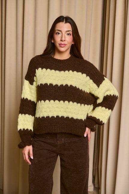 Πουλόβερ με ρίγες καφέ - κίτρινο