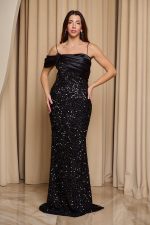 Φόρεμα maxi με παγιέτες και ντραπέ σατεν σχέδιο μαύρο