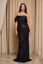 Φόρεμα maxi με παγιέτες και ντραπέ σατεν σχέδιο μαύρο - Image 2