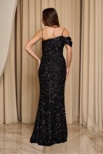 Φόρεμα maxi με παγιέτες και ντραπέ σατεν σχέδιο μαύρο - Image 5