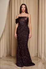 Φόρεμα maxi με παγιέτες και ντραπέ σατεν σχέδιο καφέ - Image 2