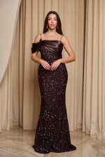 Φόρεμα maxi με παγιέτες και ντραπέ σατεν σχέδιο καφέ - Image 3