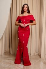 Φόρεμα maxi off shoulder με διακοσμητικές πέτρες κόκκινο
