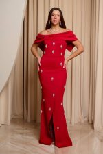 Φόρεμα maxi off shoulder με διακοσμητικές πέτρες κόκκινο - Image 2