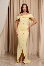 Φόρεμα maxi off shoulder με διακοσμητικές πέτρες κίτρινο