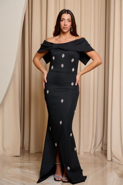 Φόρεμα maxi off shoulder με διακοσμητικές πέτρες μαύρο