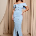 Φόρεμα maxi off shoulder με διακοσμητικές πέτρες γαλάζιο