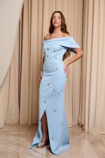 Φόρεμα maxi off shoulder με διακοσμητικές πέτρες γαλάζιο - Image 4