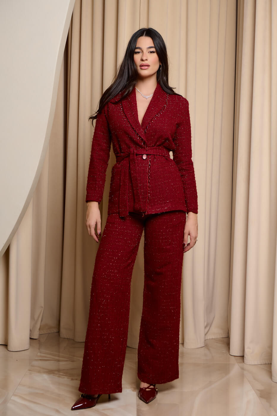 GA-2065 Κοστούμι tweed με lurex λεπτομέρεια βουργουνδί