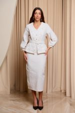 Φόρεμα midi tweed με λεπτομέρεια δαντέλα και στρας μπεζ - Image 2