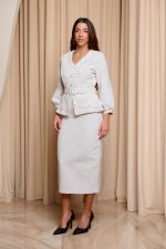 Φόρεμα midi tweed με λεπτομέρεια δαντέλα και στρας μπεζ - Image 3