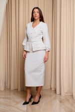 Φόρεμα midi tweed με λεπτομέρεια δαντέλα και στρας μπεζ - Image 4