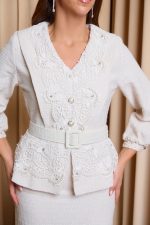 Φόρεμα midi tweed με λεπτομέρεια δαντέλα και στρας μπεζ - Image 6