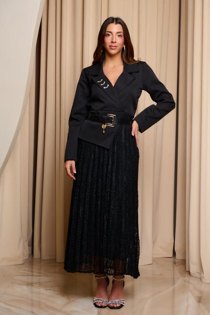 Φόρεμα maxi με δαντέλα και χρυσή λεπτομέρεια μαύρο