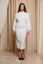 Φόρεμα midi tweed με κεντημένες λεπτομέρειες εκρού-λευκό