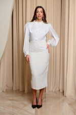 Φόρεμα midi tweed με κεντημένες λεπτομέρειες εκρού-λευκό - Image 2