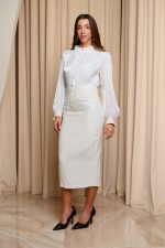 Φόρεμα midi tweed με κεντημένες λεπτομέρειες εκρού-λευκό - Image 3