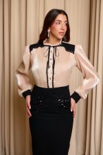 Φόρεμα midi tweed με κεντημένες λεπτομέρειες μπεζ - μαύρο - Image 6