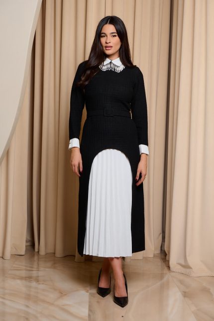 Φόρεμα maxi tweed με διακοσμημένο γιακά μαύρο