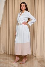 Φόρεμα maxi πλισέ με σομόν λεπτομέρειες λευκό - Image 4