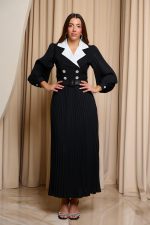 Φόρεμα midi πλισέ με tweed λεπτομέρεια μαύρο - Image 2