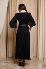 Φόρεμα midi πλισέ με tweed λεπτομέρεια μαύρο - Image 4