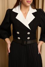 Φόρεμα midi πλισέ με tweed λεπτομέρεια μαύρο - Image 5