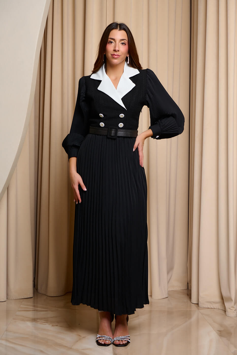 Φόρεμα maxi πλισέ με tweed λεπτομέρεια μαύρο