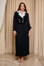 Φόρεμα midi πλισέ με tweed λεπτομέρεια μαύρο - Image 2