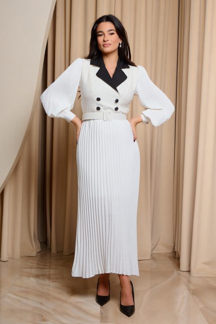 Φόρεμα maxi πλισέ με tweed λεπτομέρεια άσπρο