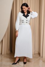 Φόρεμα midi πλισέ με tweed λεπτομέρεια άσπρο - Image 2