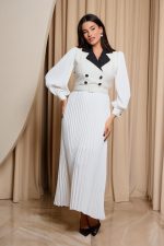 Φόρεμα midi πλισέ με tweed λεπτομέρεια άσπρο - Image 3