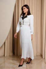 Φόρεμα midi πλισέ με tweed λεπτομέρεια άσπρο - Image 5