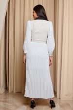 Φόρεμα midi πλισέ με tweed λεπτομέρεια άσπρο - Image 6