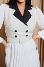 Φόρεμα midi πλισέ με tweed λεπτομέρεια άσπρο - Image 7