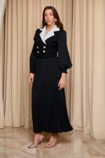 Φόρεμα midi πλισέ με tweed λεπτομέρεια μαύρο - Image 3