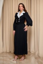 Φόρεμα midi πλισέ με tweed λεπτομέρεια μαύρο - Image 4