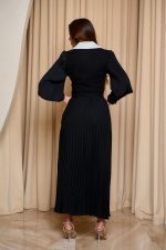 Φόρεμα midi πλισέ με tweed λεπτομέρεια μαύρο - Image 5