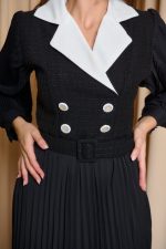 Φόρεμα midi πλισέ με tweed λεπτομέρεια μαύρο - Image 6