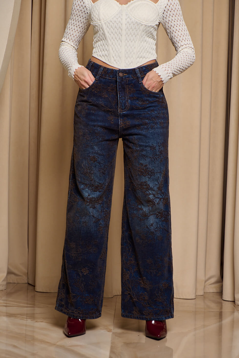 Παντελόνι τζιν με ανάγλυφο velvet print μπλε