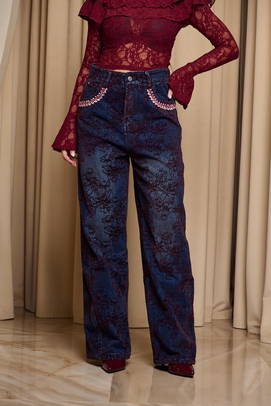 GA-2085 Παντελόνι τζιν με διακοσμητικές πέτρες μπλε