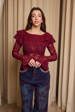 Μπλούζα με βολάν και δαντέλα βουργουνδί - Image 3