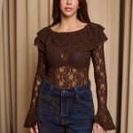 Μπλούζα με βολάν και δαντέλα καφέ