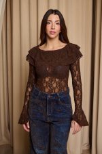 Μπλούζα με βολάν και δαντέλα καφέ